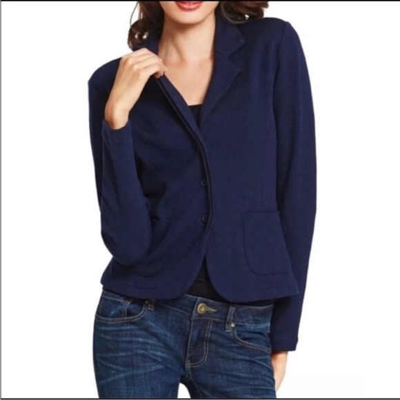 CAbi Navy Breakthrough Knit Black Trim 2 Pocket Soft Suiting Career Blazer L - Picture 1 of 16